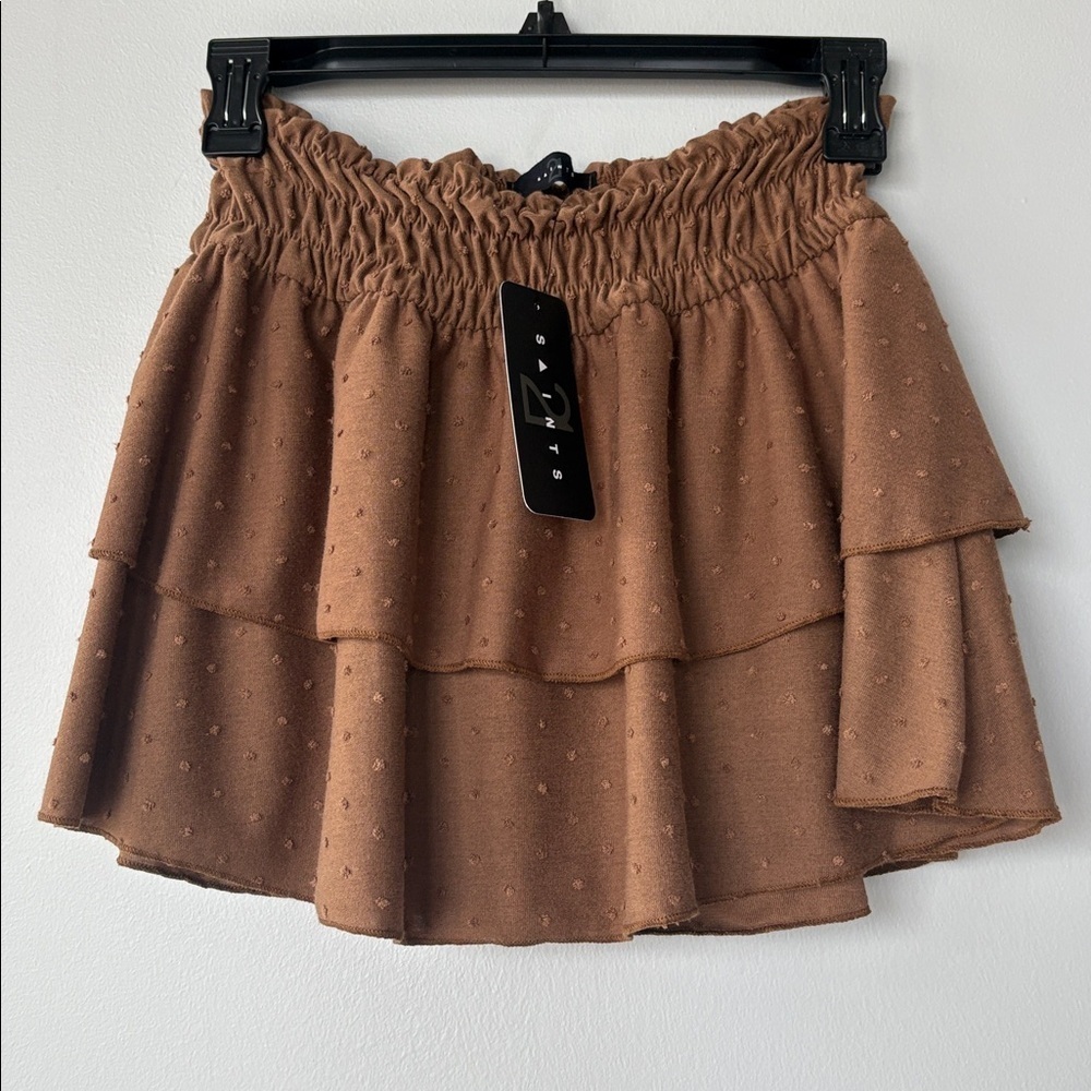 Brown Ruffled Mini Skirt with polka dot embroidery elastic waistband NWT
